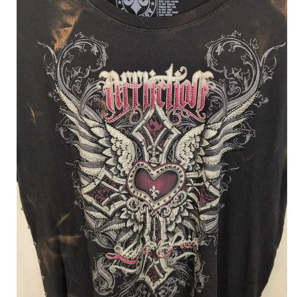 Affliction black rhinstone wings side gromet top XL Biker Grunge Goth Glam Y2K - Picture 4 of 6